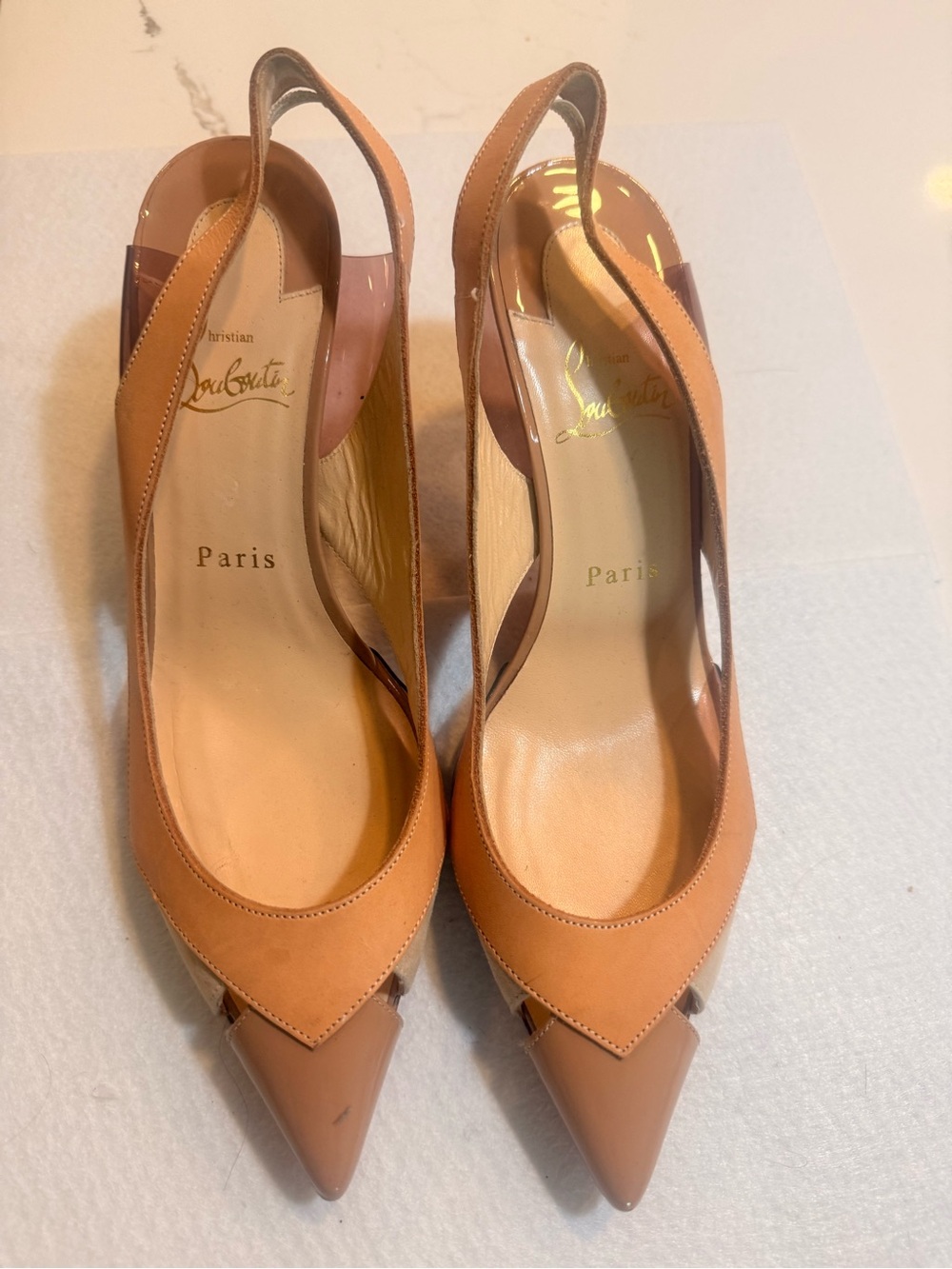 Christian Louboutin Tan and Nude Pointed Slingback Pumps
